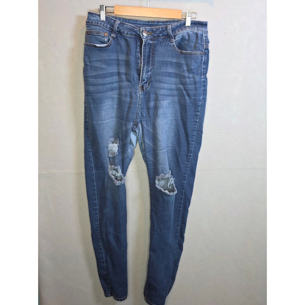 U.W.J Jeans Womens 2X Blue Distressed Skinny High Rise Denim Heavy Destruction